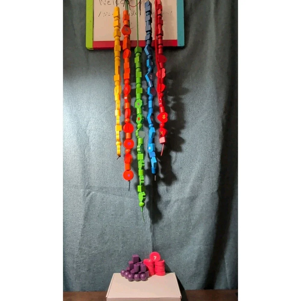 Wooden Lacing Beads 148pc Set | Alphabet Letters & Numbers Threading Toy |